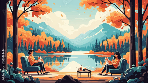 Two women and their dogs enjoy autumn scenery by a tranquil lake