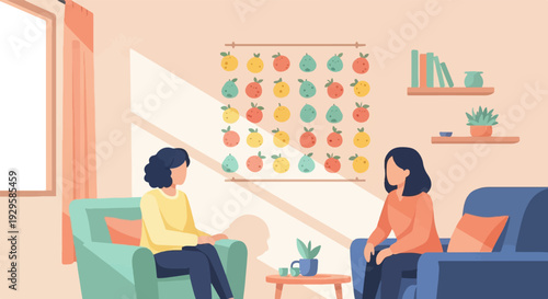 Two women in a living room, discussing with a fruit chart on wall