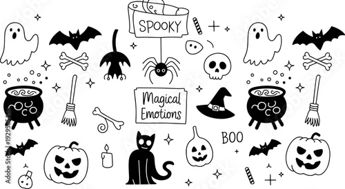 Halloween spooky illustration, black and white drawing, ghosts bats skulls bones, pumpkins cauldron witch hat broom, magical emotions artwork, festive holiday design