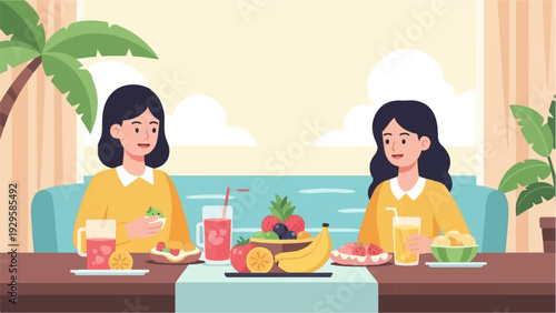 Two women enjoying healthy fruit and drinks by the sea
