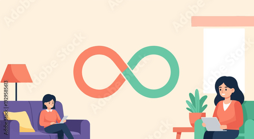 Two women relax at home, each with a tablet, a symbol of infinity floats above