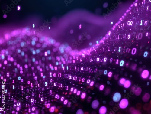 Abstract digital landscape with binary code in vibrant purple colors  
