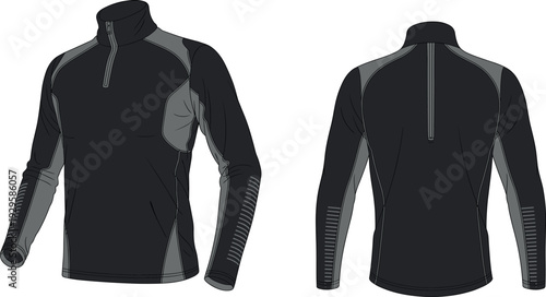 Technical fashion sketch of a men's performance quarter zip pullover with raglan sleeves and side panels cad drawing flat vector illustration for activewearArt & Illustration