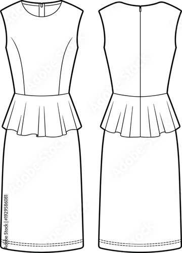 Technical fashion sketch of a sleeveless peplum sheath dress with princess seams and back zipper cad drawing flat vector illustration for garment manufacturing (24 words)