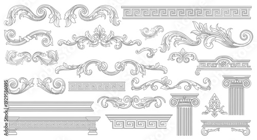 Collection of ornate baroque and rococo decorative elements and architectural details including scrolls, floral motifs, columns, and friezes, presented as a vector illustration