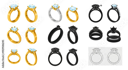 Collection of various styles of precious diamond rings, presented in gold and silver, black and white color schemes, for diverse luxury jewelry design concepts