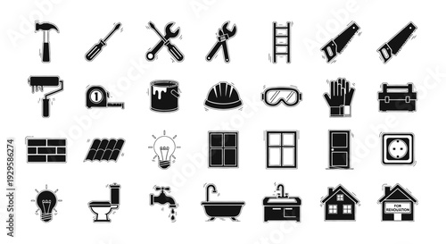 Collection of Construction and Home Renovation Tools and Elements.