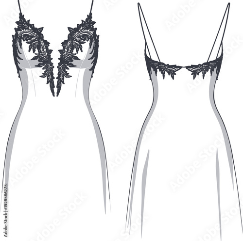 Technical fashion sketch of a spaghetti strap slip dress with intricate lace appliqué neckline cad drawing flat vector illustration for eveningwear design (24 words)