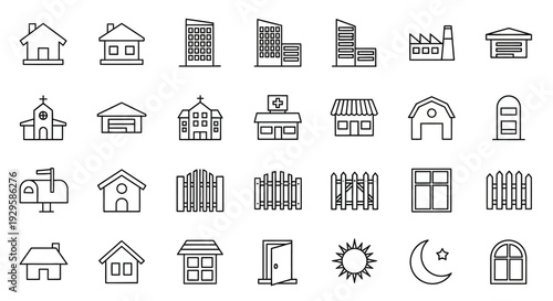 Collection of diverse building and architectural icons.