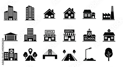 Collection of diverse building and urban element icons.