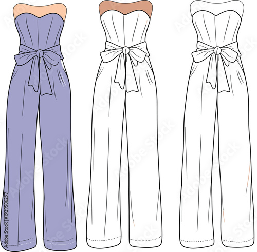 Technical fashion sketch of a strapless sweetheart jumpsuit with waist tie and wide leg silhouette cad drawing flat vector illustration for garment manufacturing (24 words)