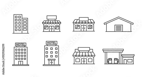Collection of Diverse Building Icons for Commercial and Residential Use.
