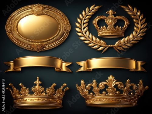 Golden crowns and decorative elements in luxurious style  