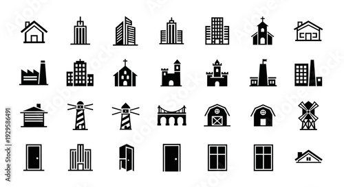 Collection of various building and architectural structure icons.