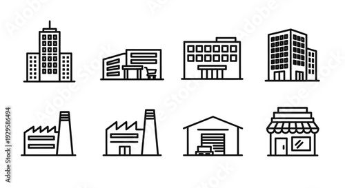 Collection of various building types in a clean line art style.