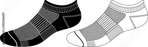 ATechnical fashion sketch of athletic ankle socks with arch support and mesh ventilation panels cad drawing flat vector illustration for performance sportswear designrt & Illustration