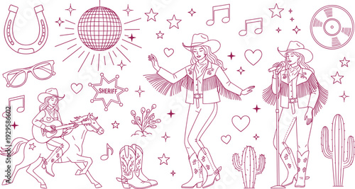 Cowgirl and Country Western Illustration Set – Pink Vector Line Art of Disco Ball Cactus Horse and Cowgirl Mascot for Bachelorette Party and Festival Design