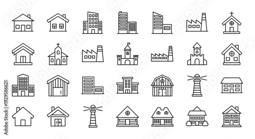 Diverse collection of outlined building icons representing various architectural structures.
