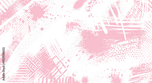 Pink abstract paint splashes and rough brush strokes with textured elements on a white background, lively and feminine design