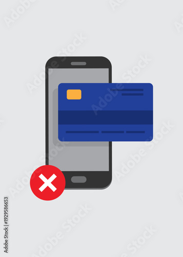 Mobile payment declined on smartphone with credit card stock illustration.