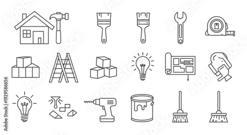 Hand Drawn Construction and Home Improvement Tools Doodle Icons Set.