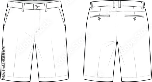 Men’s Tailored Shorts Front and Back View Technical Drawing, Fashion Flat Sketch Template Vector Illustration Isolated on White Background