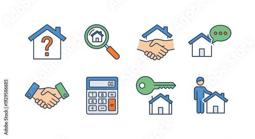 Real Estate and Housing Market Doodle Icons Set.