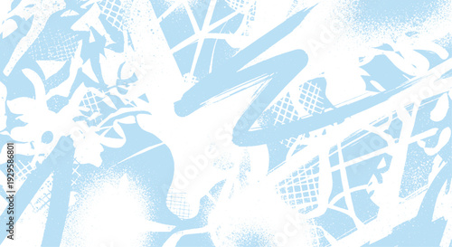 Light blue abstract background with energetic brush strokes, spray paint, and geometric patterns for dynamic design