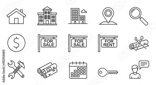 Real Estate and Property Management Line Icons Set.