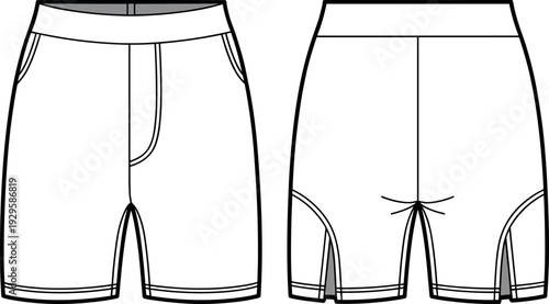 Technical Fashion Sketch of Men White Athletic Shorts Featuring Minimalist Design and Elastic Waistband Front and Back View for Activewear Design Tech PackArt & Illustration