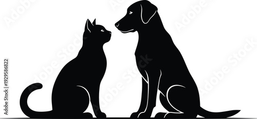 Cat and dog silhouette illustration, domestic pets sitting face to face, black animal vector isolated on  