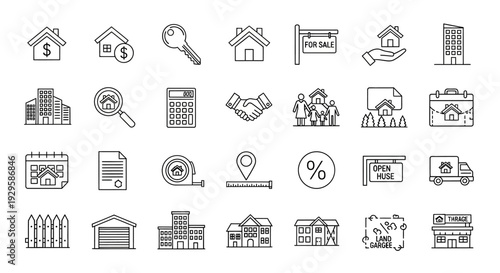 Real Estate and Property Management Line Icons Set for Web and Mobile Applications.
