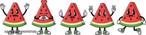 Cute Kawaii Watermelon Character Set – Happy Expressive Fruit Slices with Arms and Legs for Kids Healthy Eating and Summer Stationery Design