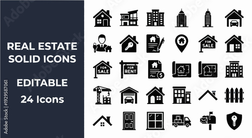 Real estate solid icon set featuring 24 editable vector icons for property listing and housing agency
