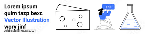 Food science, technology, coding tutorials, research development, science education, laboratory innovation. Cheese slice, scientist with screen and flask. Food science and technology