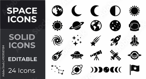 Space and astronomy solid icon set featuring 24 editable vector icons for galaxy exploration and science projects