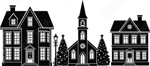Christmas town street with church and houses, decorated fir trees and vintage lantern, black silhouette vector illustration, festive winter holiday 
