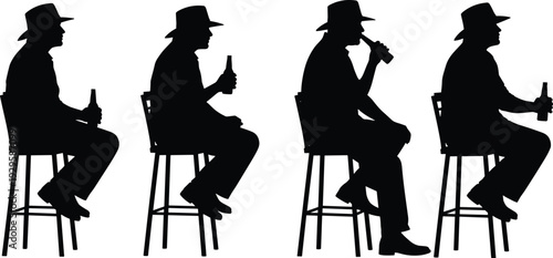 Black and white silhouette of cowboy sitting on bar stool drinking beer isolated on white background illustration