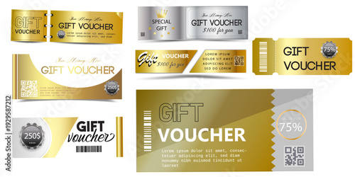 A gift voucher template with a gold realistic ribbon. Design an invitation, certificate, gift coupon, ticket or voucher. Vector illustration