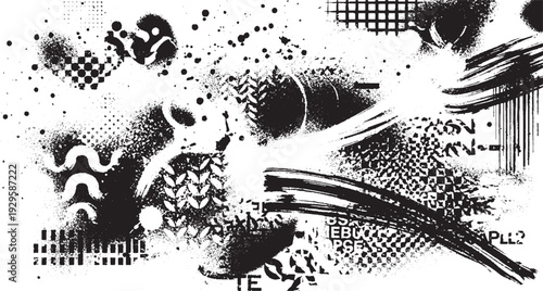 Monochromatic abstract background with chaotic textures, grunge elements, and expressive brush strokes