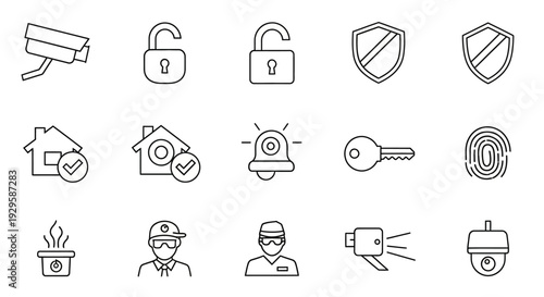 Security and surveillance system line icons set, home protection, safety, and alarm symbols.