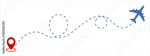 Airplane flight route with dotted line and plane silhouette color illustration. Flat vector airplane icon with dotted line starting point and arrival destination.