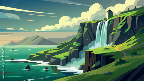 Flat Design Vector Illustration of a Scenic Coastal Waterfall Cascading into the Ocean from Green Cliffs