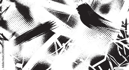 Energetic black and white abstract background featuring rough brush strokes and halftone dots, ideal for graphic design and edgy visuals.