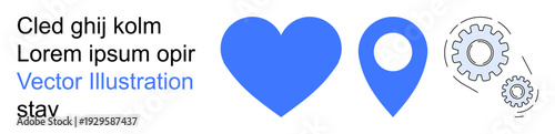 Symbolism, business concepts, navigation tools, teamwork, technical design, modern graphics. Blue heart, location pin gears in a minimalistic style. Navigation tools and business concepts