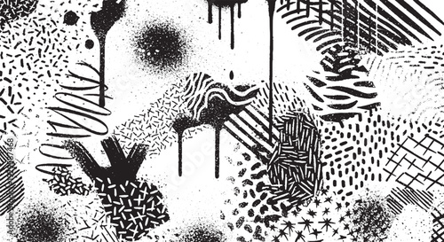 Vibrant black and white collage of diverse textures and patterns including drips, lines, and dots for a unique graphic backdrop.