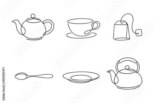 continuous line drawing icons of tea pot with tea leaves and cup
