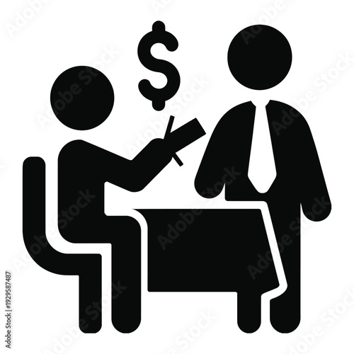 Business meeting icon with two people a table a document and dollar sign business financial transaction concept