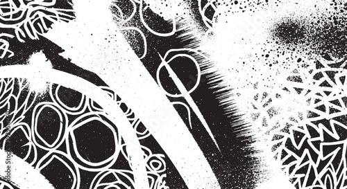 Complex monochrome abstract art with overlapping circles, spray paint textures, and dynamic lines for a visually rich background.