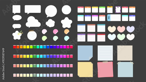 Collection of paper notes, sticky pads, torn papers, and stationery elements on dark background, Vector illustration EPS 10